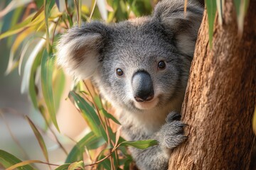 Obraz premium Koala climbing tree in natural habitat