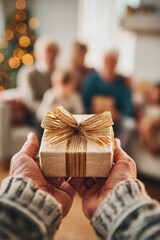 Hands Presenting a Gift Box to Family During the Holidays, Symbolizing Generosity and Family Bonding : Generative AI