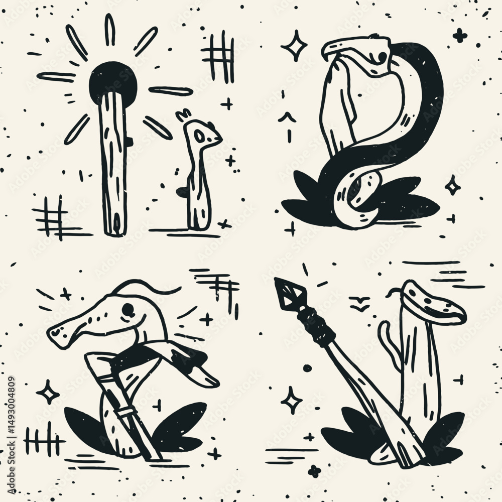 Poster ancient symbols and whimsical forms: a captivating set of stylized illustration showcases a diverse 