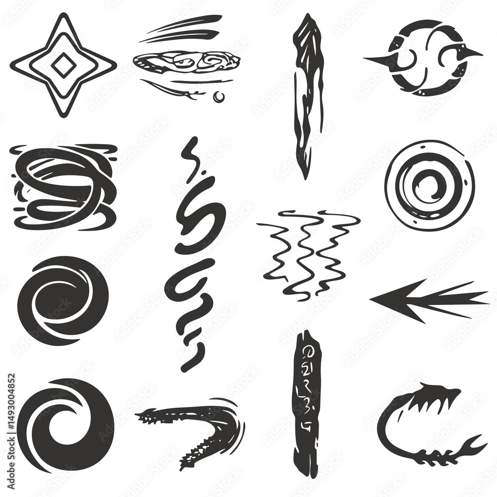 Poster abstract ink splatter collection: a diverse set of hand-drawn ink splatters, swirls, and abstract sh
