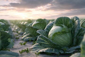 Cabbage field rows growing plants vegetable agriculture