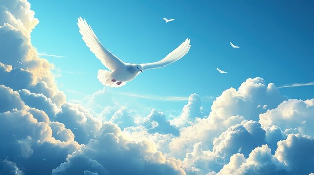 Peaceful dove soaring amidst fluffy clouds in a clear blue sky