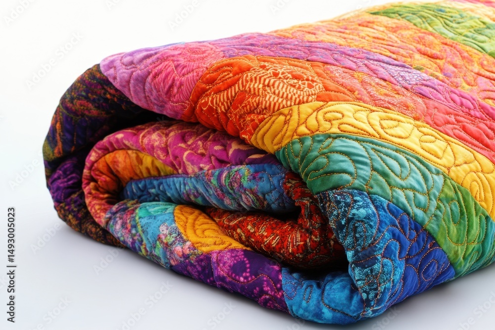Poster colorful folded quilt with intricate patterns displayed on a clean surface for a cozy home atmospher