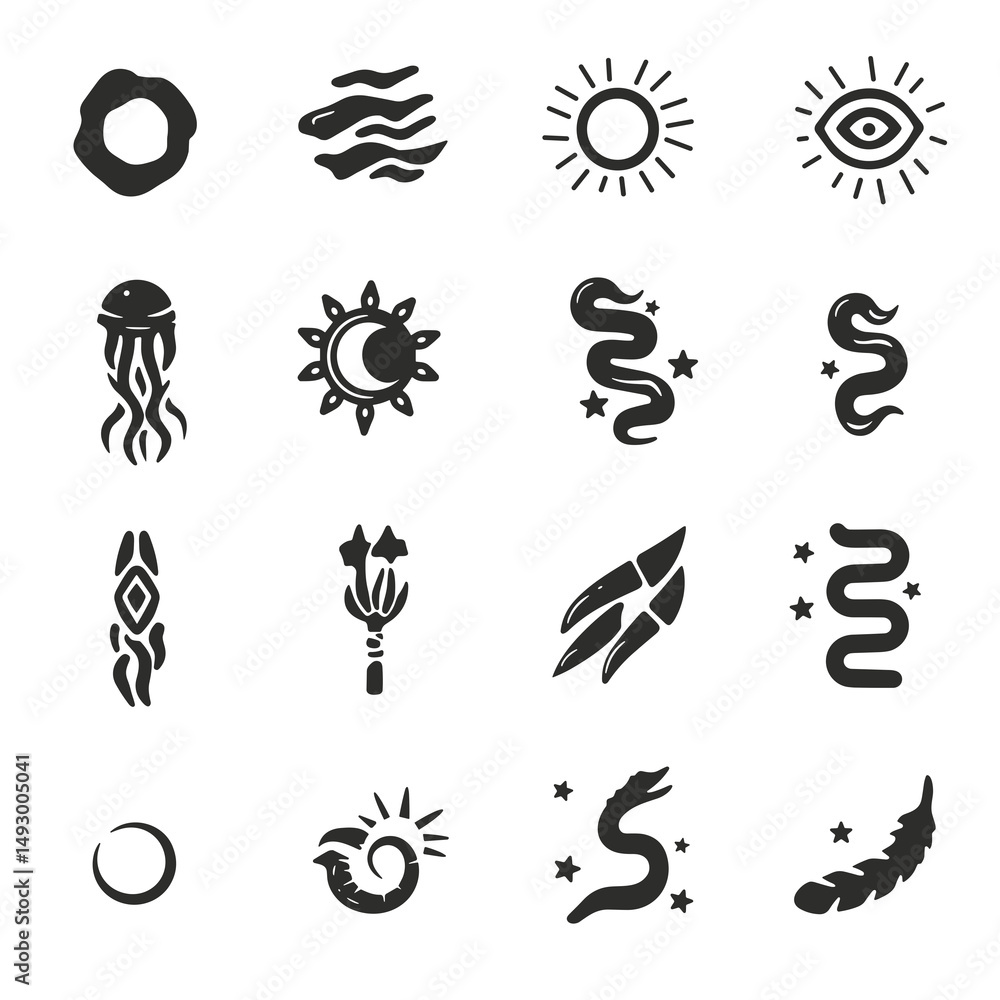 Poster celestial symbol set: a collection of intricately designed celestial symbols and mystical shapes, pe