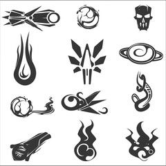 Abstract Silhouette Symbols: A collection of enigmatic black and white design elements evokes themes of science fiction, digital realms, and artistic expression.
