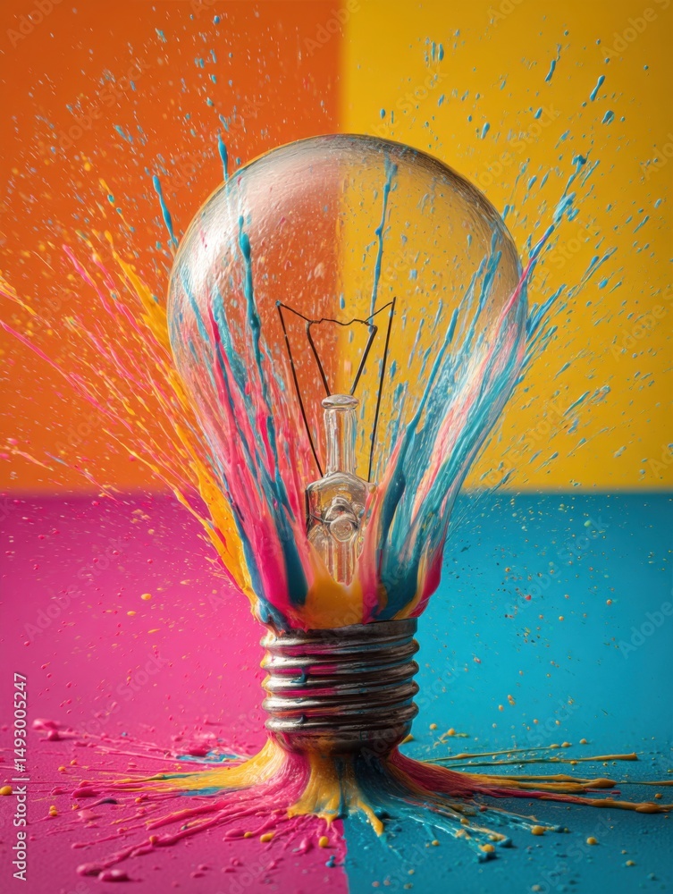 Poster lightbulb explosion of vivid colors on split background close up creative concept idea innovation in