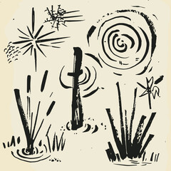 Ink strokes of Nature: An artistic illustration showcasing a collection of ink strokes depicting elements of nature. The artwork evokes a sense of organic simplicity and the beauty of natural forms.