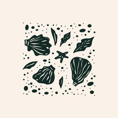 Ocean Treasures: An artistic portrayal of the ocean's treasures, featuring shells, seaweed, and starfish, delicately arranged against a subtle backdrop.