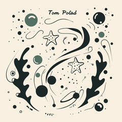 Abstract Marine Symphony: A whimsical, graphic illustration captures the fluid dance of marine life, presenting a harmonious interplay of form, lines, and textures.