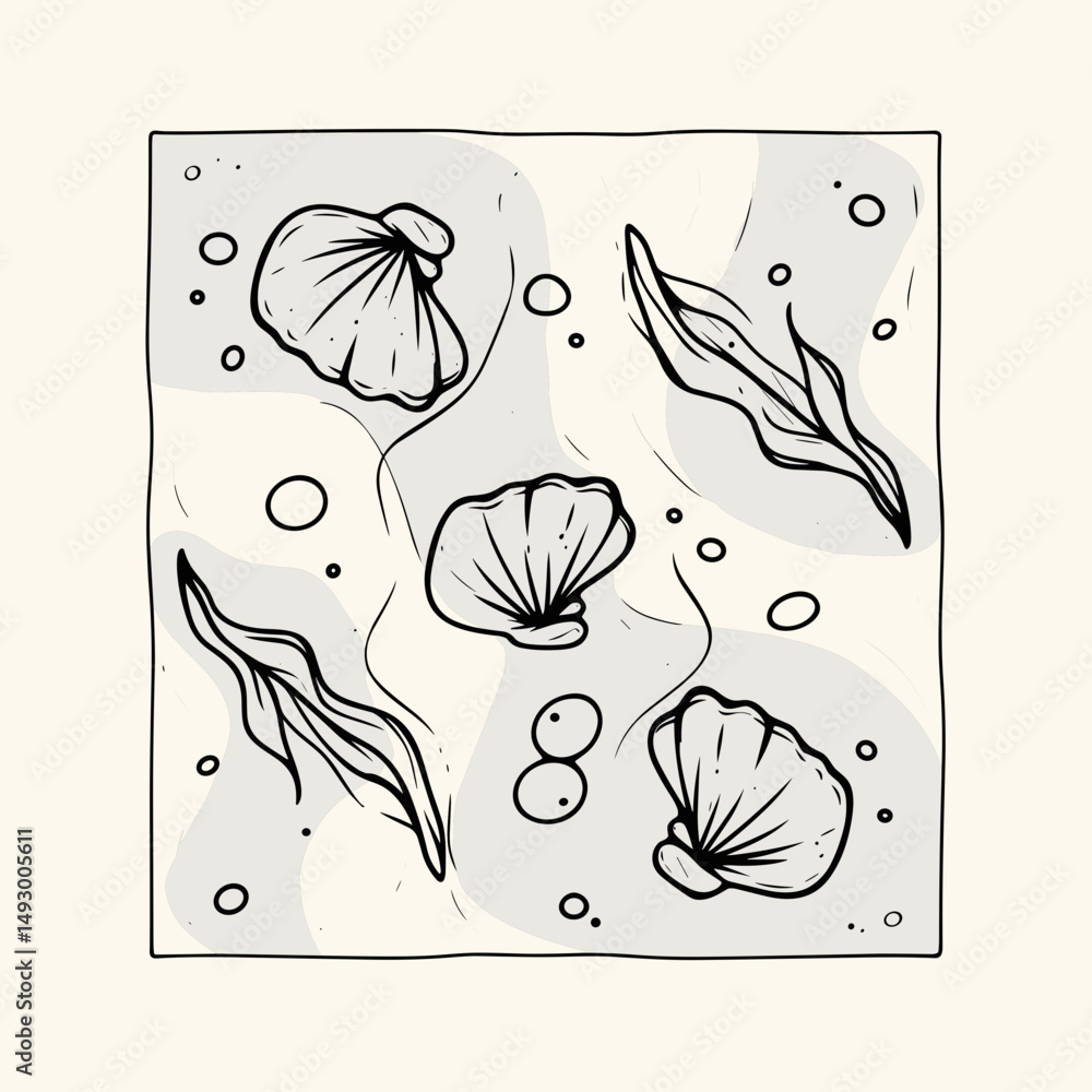 Poster underwater botanical sketch: an artistic line drawing of seashells and seaweed, creating a serene un