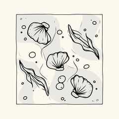 Underwater Botanical Sketch: An artistic line drawing of seashells and seaweed, creating a serene underwater scene. The illustration features delicate lines and subtle shading.