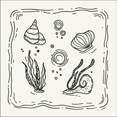 Ocean Sketch: A captivating line art illustration unveils the intricate beauty of the ocean, with detailed depictions of seashells, algae, bubbles, and a marine snail, creating a serene visual.
