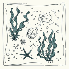 Seashells and Seaweed: Artistic illustration of seashell, seaweed, starfish and other underwater elements creating a sense of tranquility and the wonders of marine life.