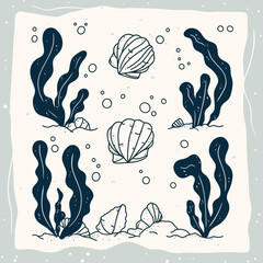 Oceanic Whispers: Delicate line art brings the underwater world to life, featuring seashells, kelp, and air bubbles in a minimalist style.