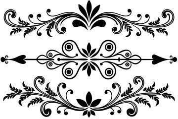 Black and white vintage floral design elements set with ornate leaf and flower illustrations, perfect for seamless patterns and decorative borders