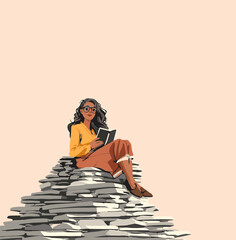 Literary Escape: A woman, immersed in the pages of a book, finds her sanctuary atop a towering stack of paper.