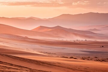 Fototapeta premium Sunset over the Desert with mountains, sand dunes, and a vibrant sky