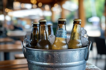 Refreshing ice cold beers in a bucket create a lively centerpiece at a sunny restaurant setting, Ice cold beers in a bucket, centerpiece of a restaurant outdoor dining space