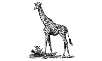 Naklejka premium Vintage Giraffe Engraving, Hand-drawn Safari Mammal Sketch, Monochrome Etching, Wildlife Illustration, Nature Decor Print, Old Style Animal Art, Trendy Black Sketch