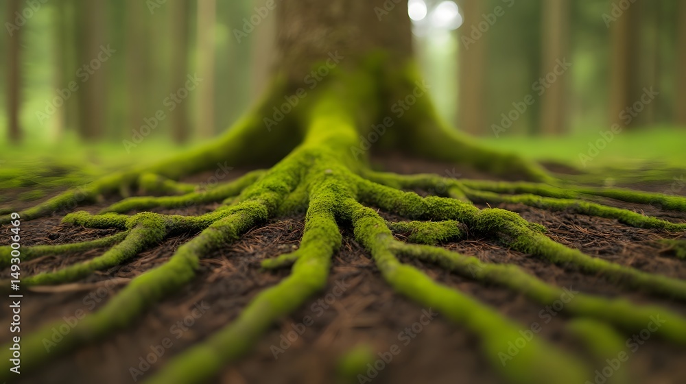 Poster intricate root structure of a moss-covered tree in the forest