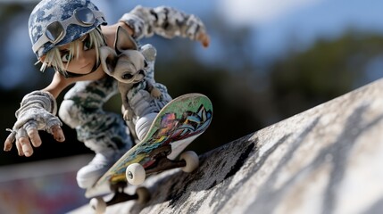 Digital art of a young person skateboarding with a small dog