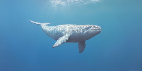 A serene underwater sketch depicting a tranquil whale swimming gracefully in a clear blue ocean highlighting its gentle nature