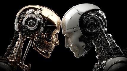 Fototapeta premium Zwei futuristische Roboterköpfe im Profil mit dunklem Hintergrund