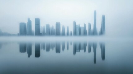 Fototapeta premium Misty cityscape reflection: futuristic skyline on a foggy horizon