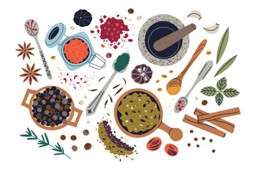 Top view composition with spices in wooden bowls and glass jars. Aesthetic layout with herbs, seasoning blends, kitchen tools vector illustrations, flat icons of cumin, turmeric, pepper
