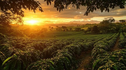 stunning view of a coffee plantation at sunset, with the last rays of sunlight filtering through the coffee trees and casting a warm glow over the field.