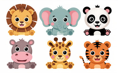 Obraz premium Adorable baby animal face set in paper cutout collage style – baby lion, baby elephant, baby panda, baby giraffe, baby hippo, and baby tiger