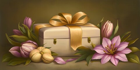 Elegant Gift Box with Delicate Pink Tulips and Lilies Romantic Still Life Painting art gold soft