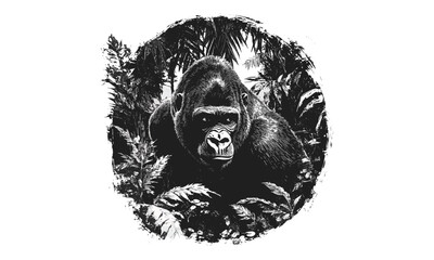 Gorilla engraving, hand-drawn primate sketch, vintage monochrome etching, jungle wildlife illustration, old engraving style, black and white art, trendy jungle decor print, exotic animals