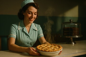 Nostalgic 1960s diner scene with smiling waitress serving fresh pie