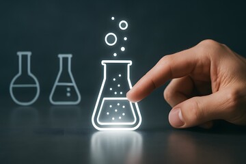 A hand touches a neon chemistry flask icon with two beaker outlines behind it. Concept of laboratory research and experimental science.