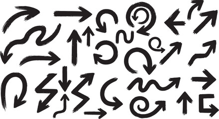 Grunge style brush arrows, vector set of hand drawn bold direction symbols