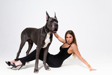 Beautiful slender model dressed in the black suit with dog