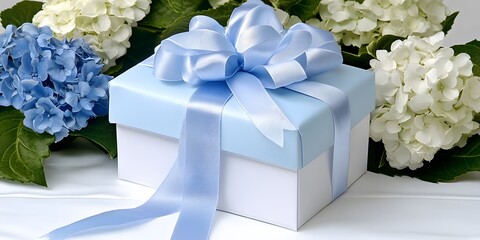 Elegant Light Blue Gift Box with White Hydrangeas Beautiful Present Surprise bow joy soft card love