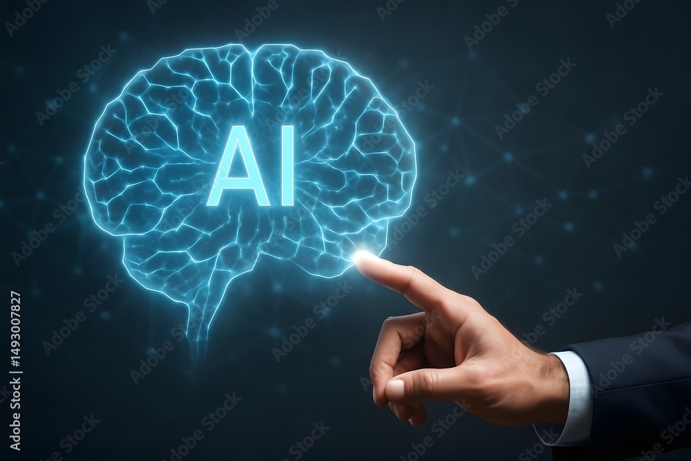 Poster a hand touches a neon circuit-pattern brain hologram emblazoned with “ai.” concept of artificial int
