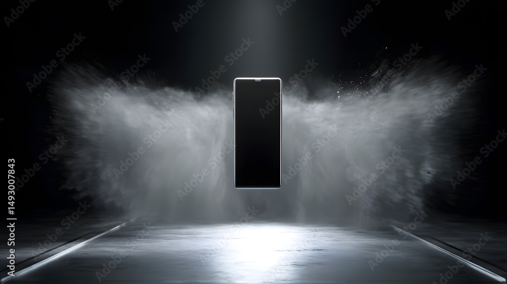 Poster floating smartphone: the image showcases a sleek smartphone seemingly levitating in a dynamic displa