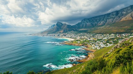 stunning view of the coastal city of Cape Town, with the dramatic backdrop of mountain slopes, urban buildings, and the sparkling ocean under a cloudy sky.