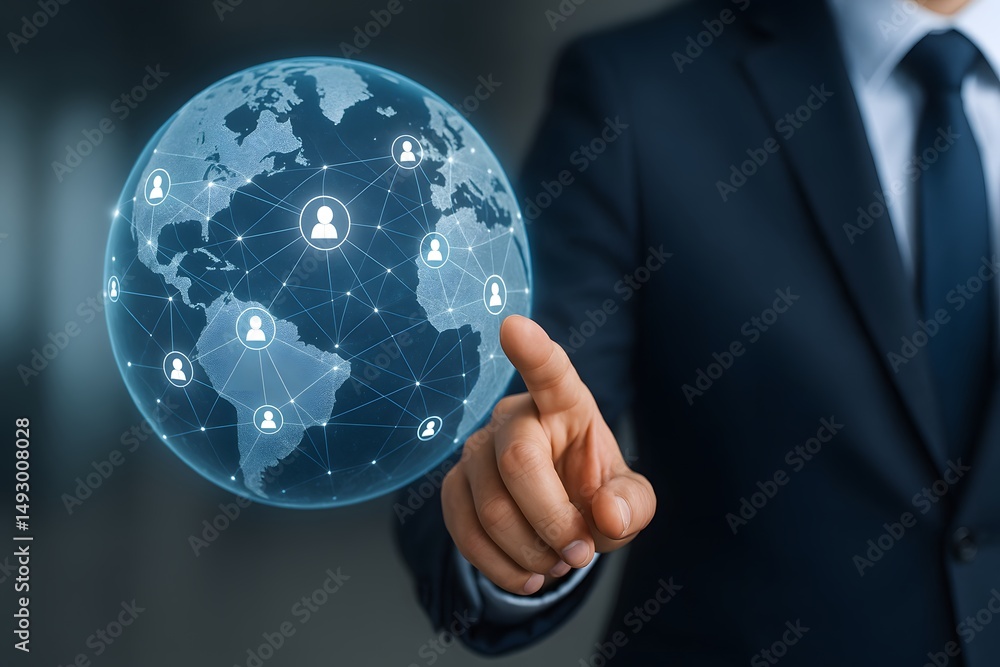 Poster a professional points at a glowing network globe with connected user icons. concept of global connec