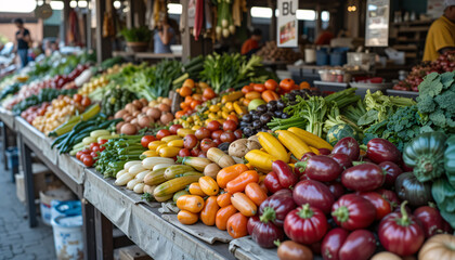 Fototapeta premium A various type of vegetables and fruits on market stalls.