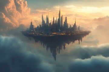 Floating city in the clouds showcases towering spires and vibrant lights under a dreamlike sunset, Floating City in the Clouds