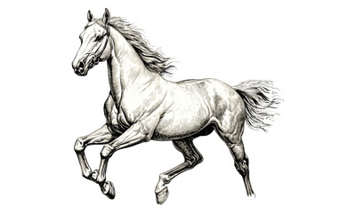 Monochrome equine line art, vintage animal sketch, detailed nature illustration, hand-drawn horse engraving, rustic wildlife etching, old engraving style, retro fauna drawing, trendy