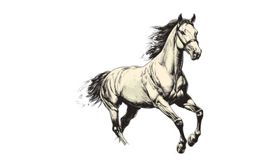 Monochrome horse engraving, vintage running equine, hand-drawn sketch, old engraving style, country decor illustration, ranch art, rustic wild horse, western wall print