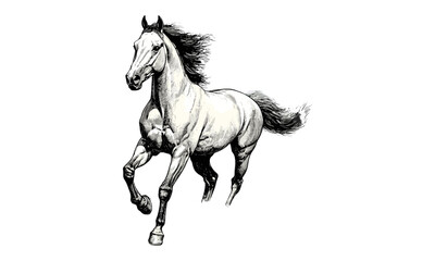 Hand-drawn horse running sketch, vintage equine etching, monochrome engraving style, ranch wall art, country lifestyle print, rustic animal drawing, classic black sketch