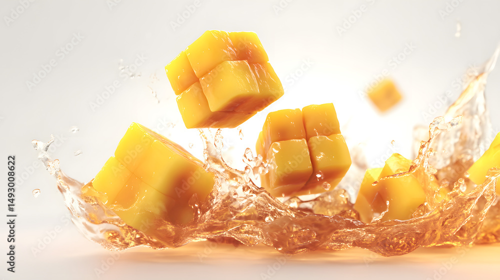 Poster mango splash: freshly cut mango cubes collide with a vibrant splash of juice in a photorealistic, dy