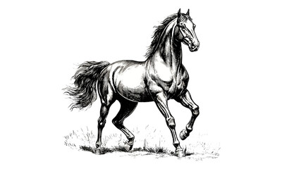 Fototapeta premium Horse with flowing mane, vintage engraving style, monochrome equine line art, rustic animal drawing, farm fauna sketch, black ink etching, old style wildlife illustration, trendy classic art