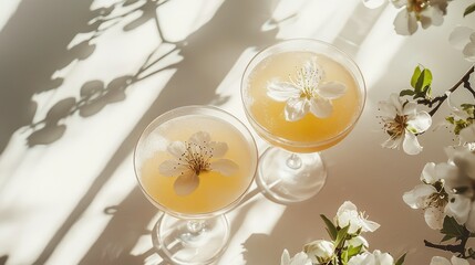 Styled cocktail flat lay with blossoms and sun rays from window